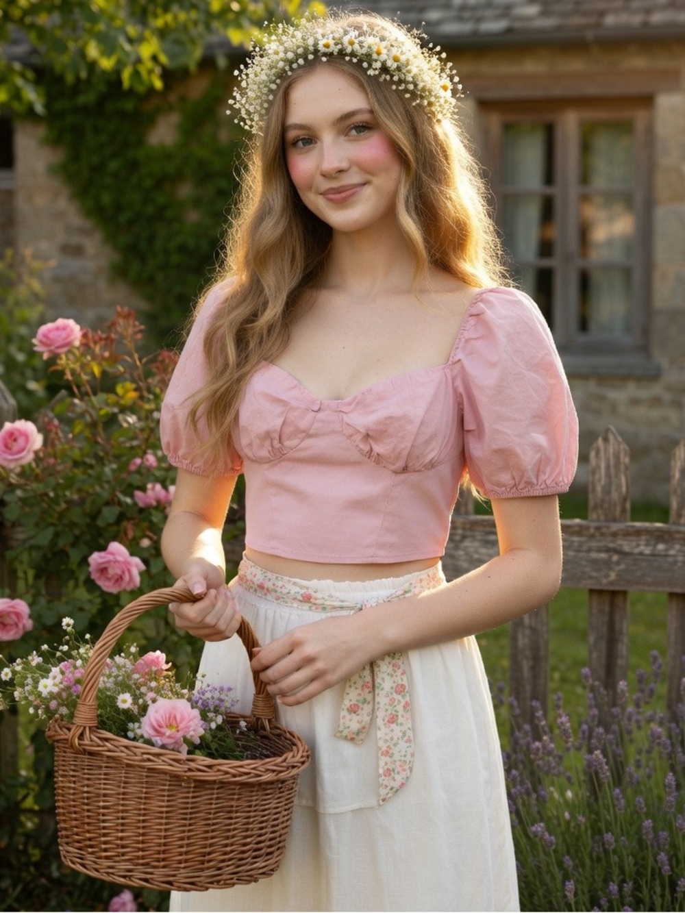 H&M Blush Pink Puff-Sleeve Sweetheart Cotton Cottagecore Bustier Crop Top Medium